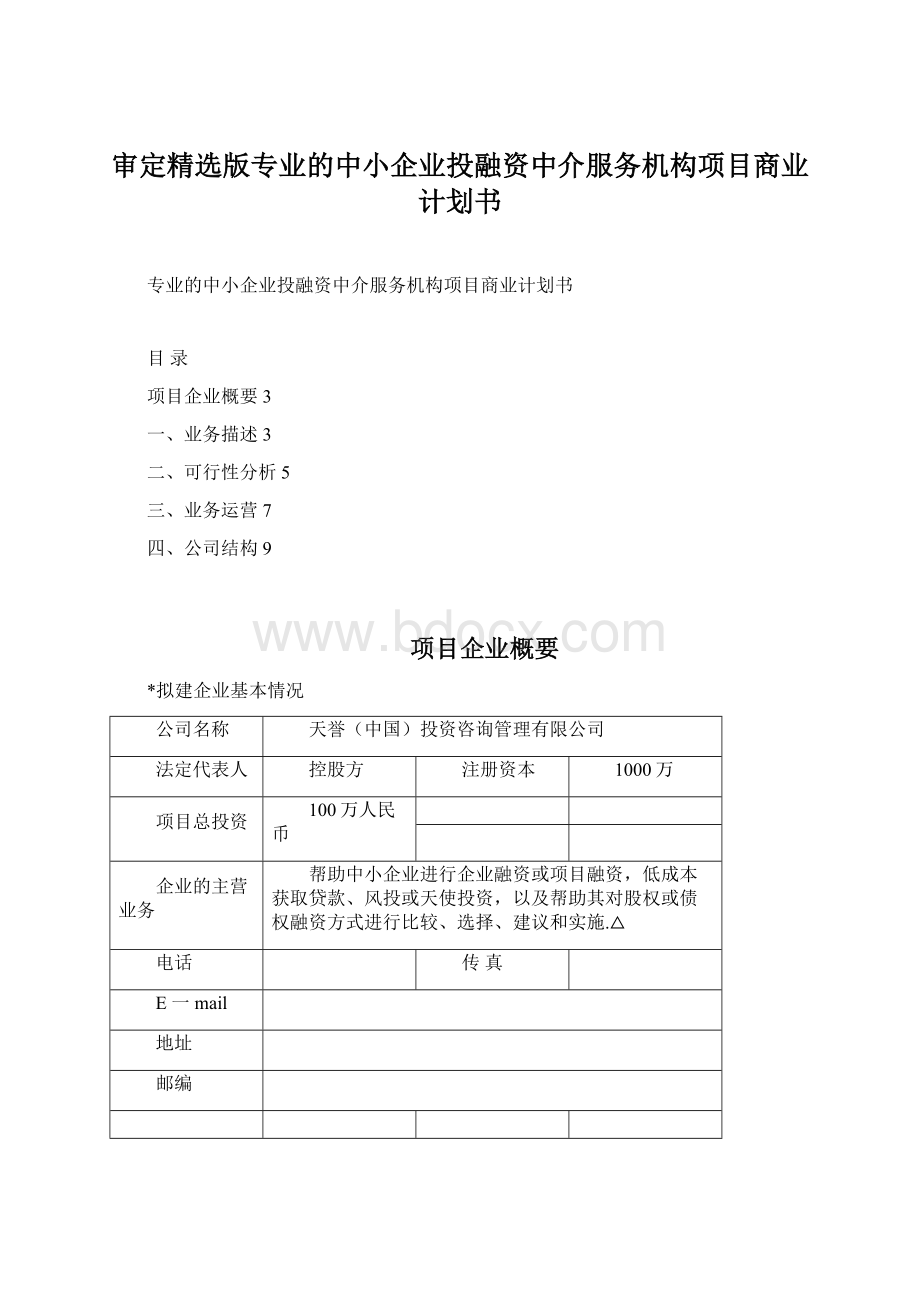 审定精选版专业的中小企业投融资中介服务机构项目商业计划书.docx_第1页