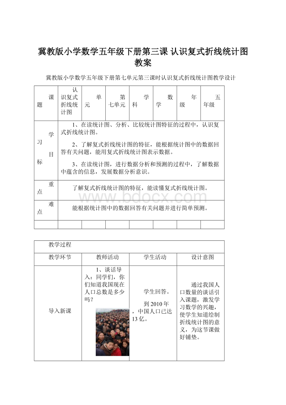 冀教版小学数学五年级下册第三课认识复式折线统计图教案Word下载.docx