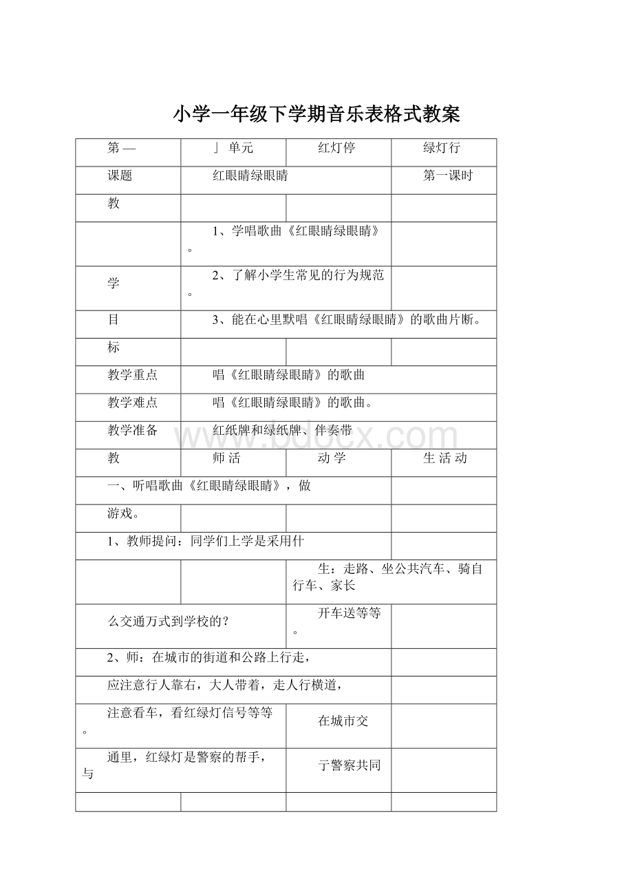 小学一年级下学期音乐表格式教案Word文件下载.docx