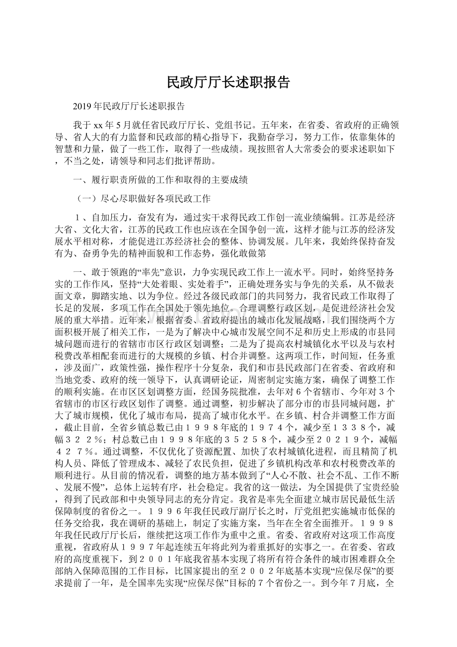 民政厅厅长述职报告Word格式文档下载.docx