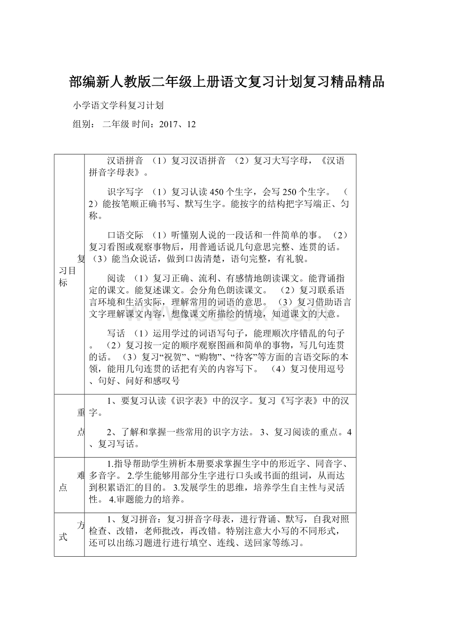 部编新人教版二年级上册语文复习计划复习精品精品.docx