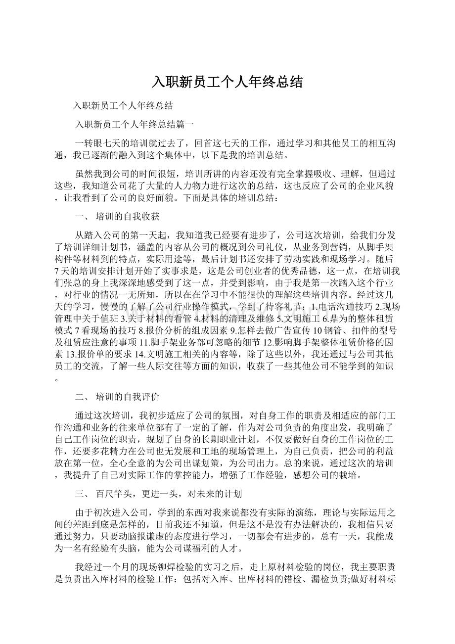 入职新员工个人年终总结文档格式.docx