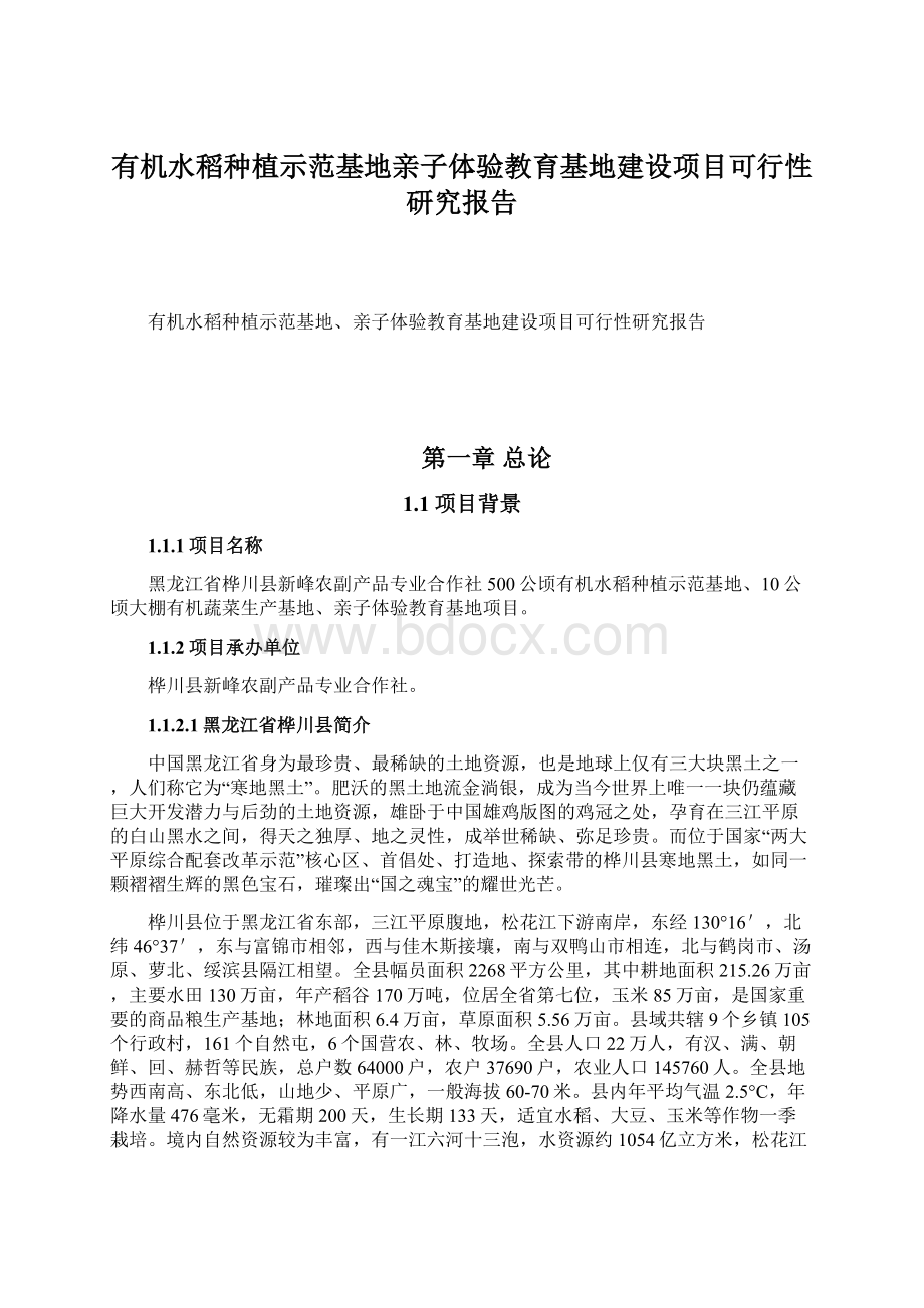 有机水稻种植示范基地亲子体验教育基地建设项目可行性研究报告.docx_第1页