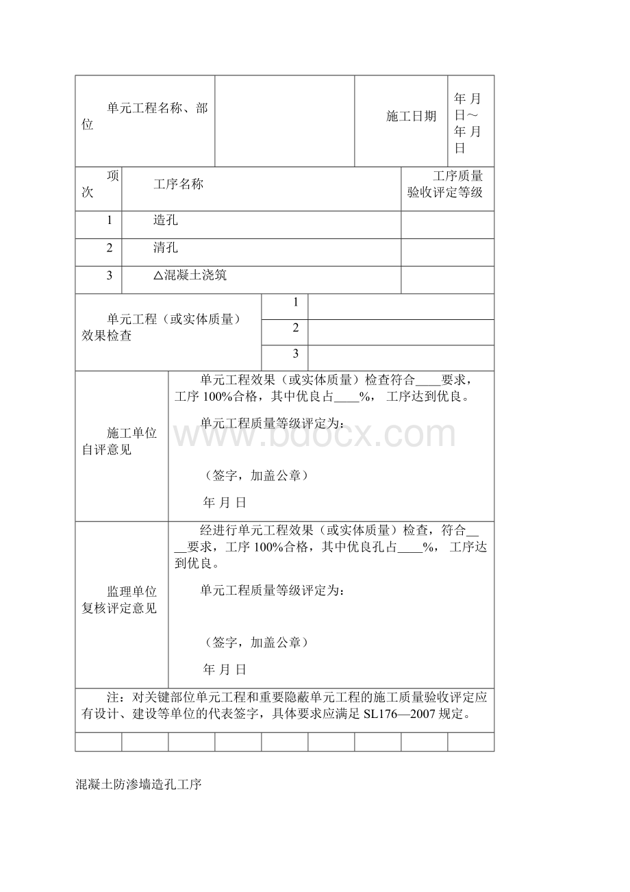 混凝土防渗墙单元工程施工质量验收评定表Word文档格式.docx_第2页