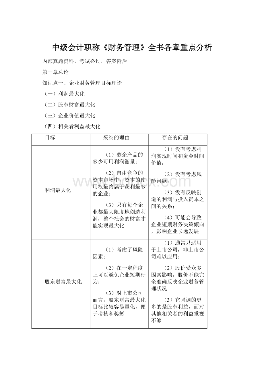 中级会计职称《财务管理》全书各章重点分析Word格式.docx