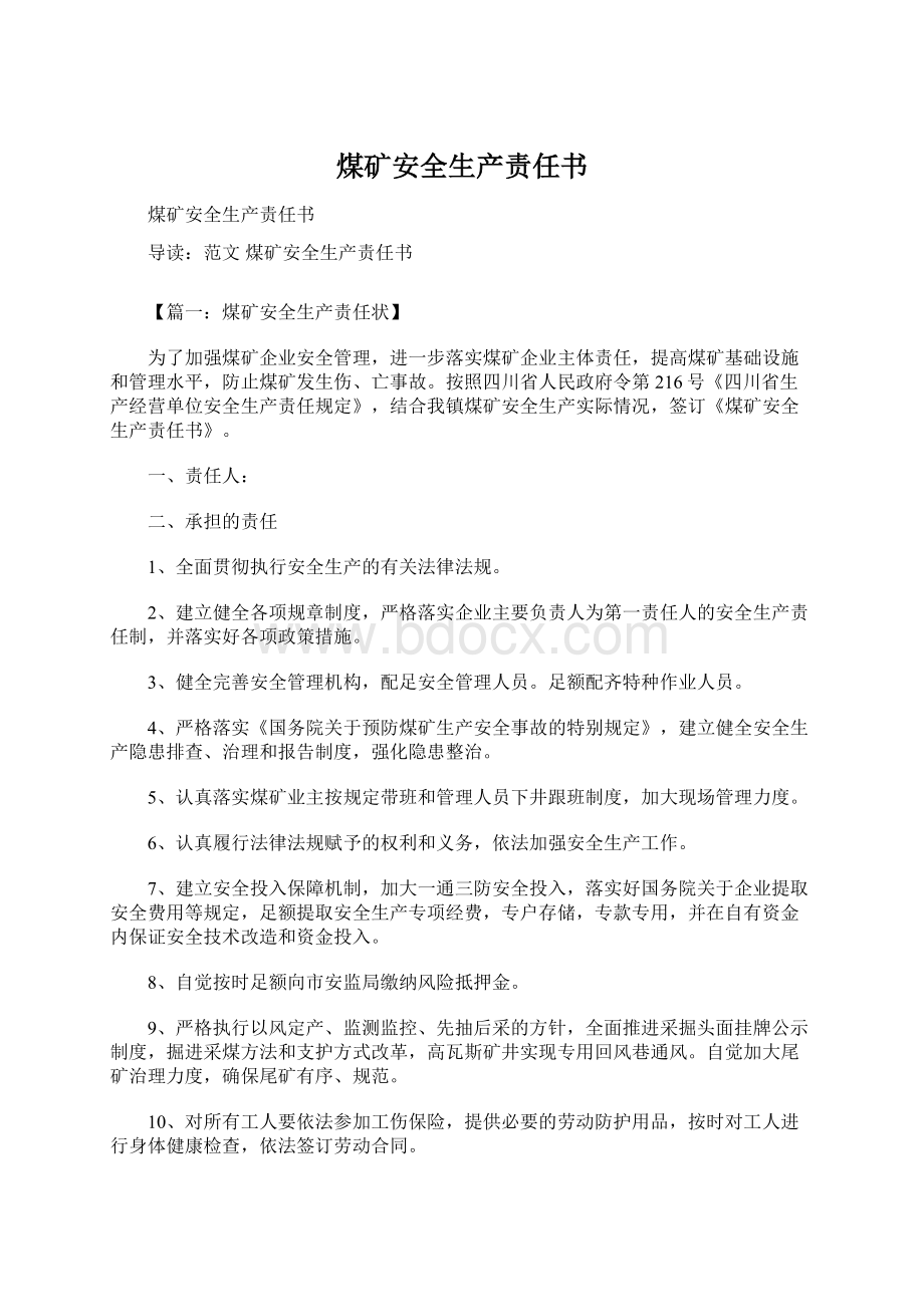 煤矿安全生产责任书Word格式文档下载.docx_第1页