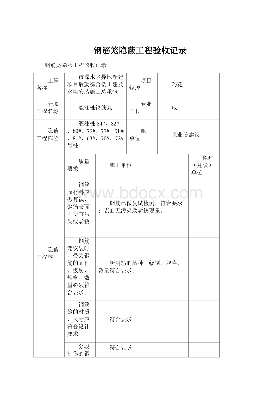 钢筋笼隐蔽工程验收记录.docx_第1页