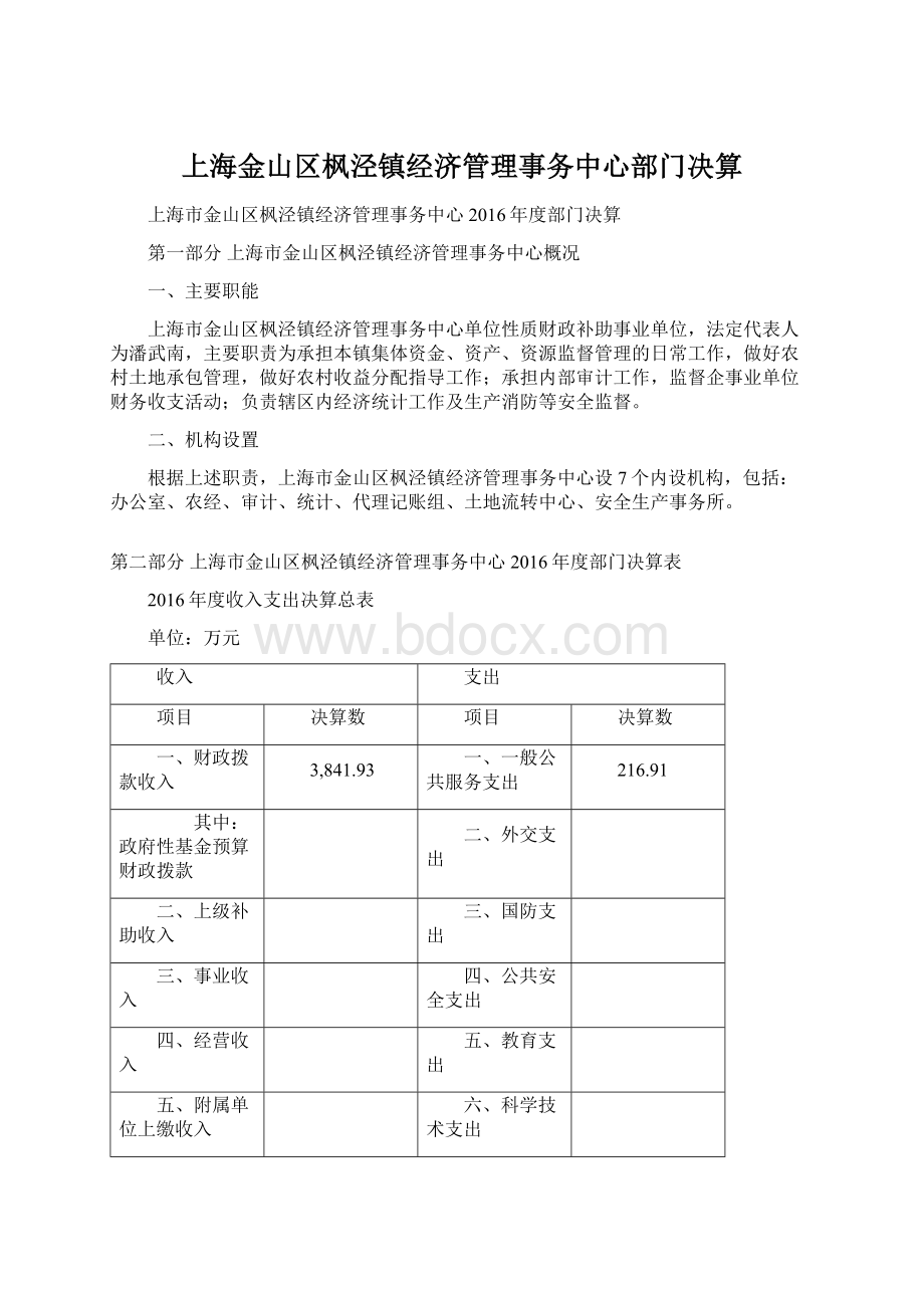 上海金山区枫泾镇经济管理事务中心部门决算Word下载.docx_第1页