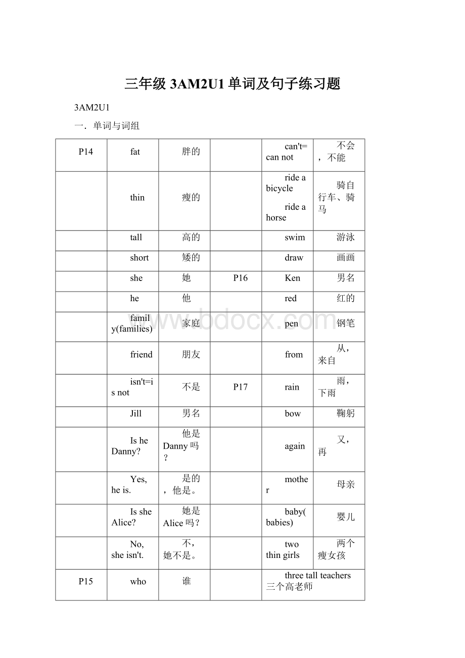 三年级3AM2U1单词及句子练习题Word格式文档下载.docx