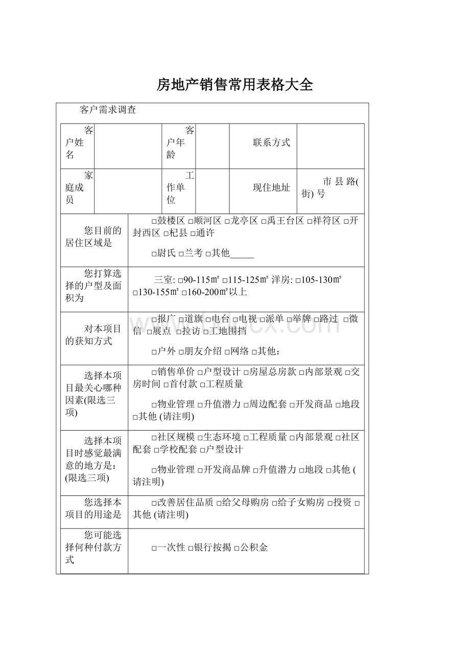 房地产销售常用表格大全.docx_第1页