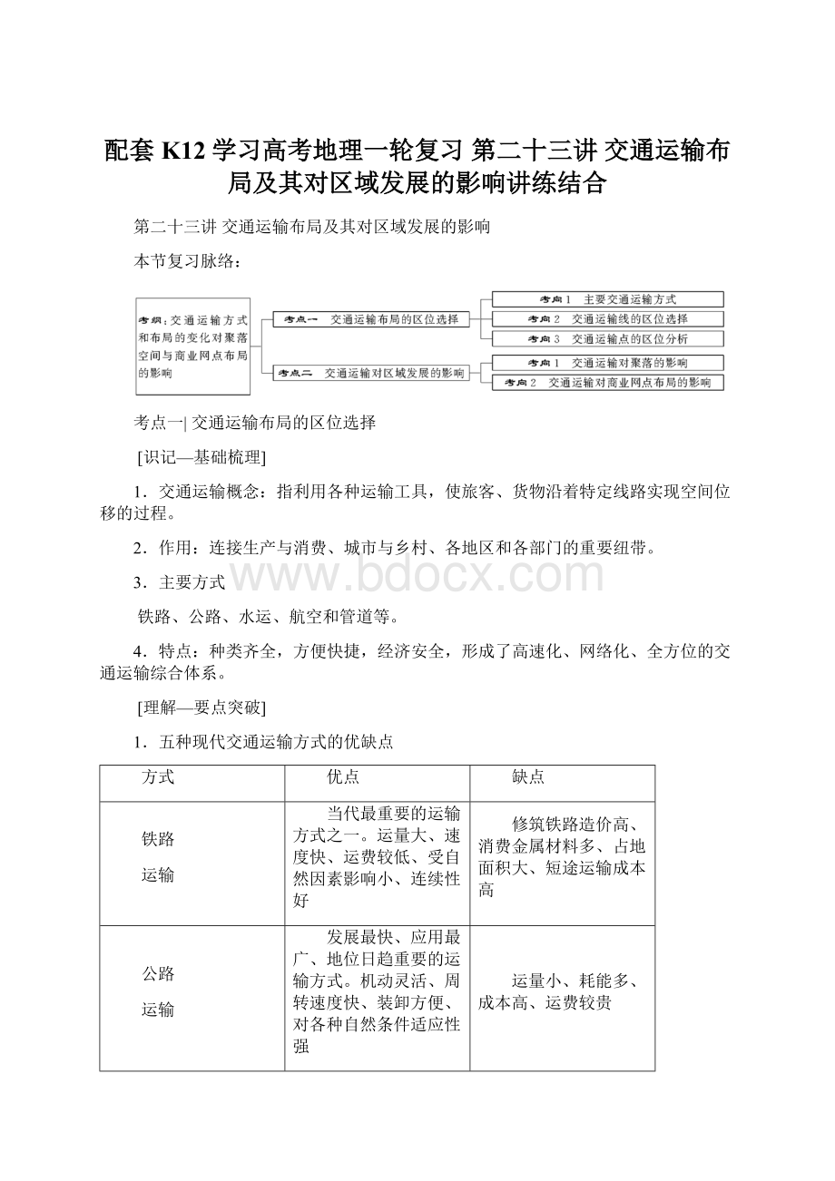 配套K12学习高考地理一轮复习 第二十三讲 交通运输布局及其对区域发展的影响讲练结合Word文档格式.docx_第1页