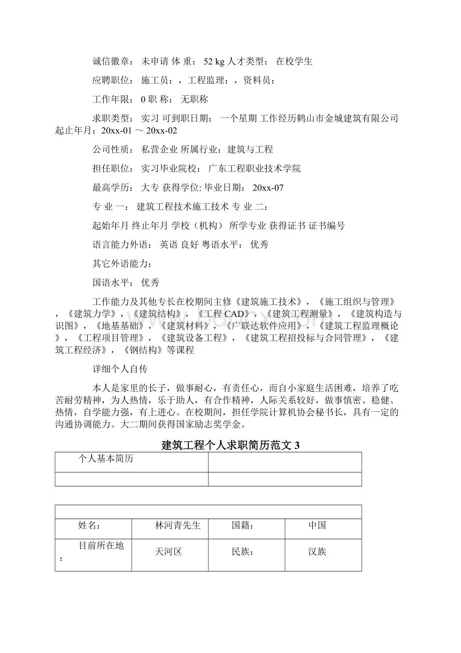 建筑工程个人求职简历文档格式.docx_第2页