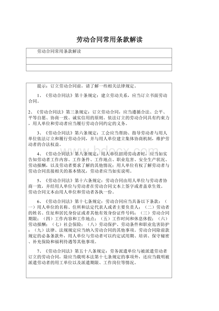 劳动合同常用条款解读Word文档格式.docx_第1页