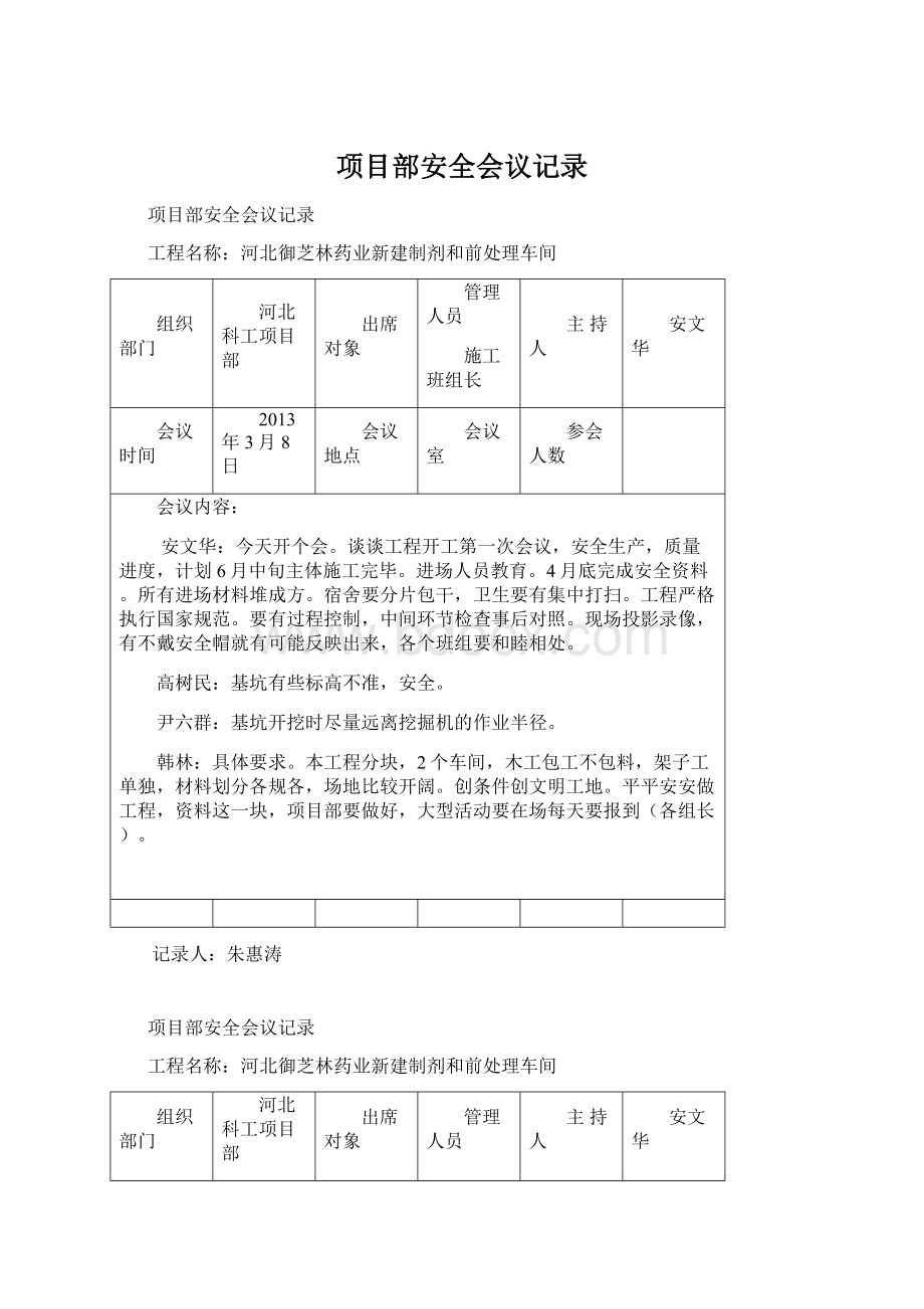 项目部安全会议记录Word格式文档下载.docx