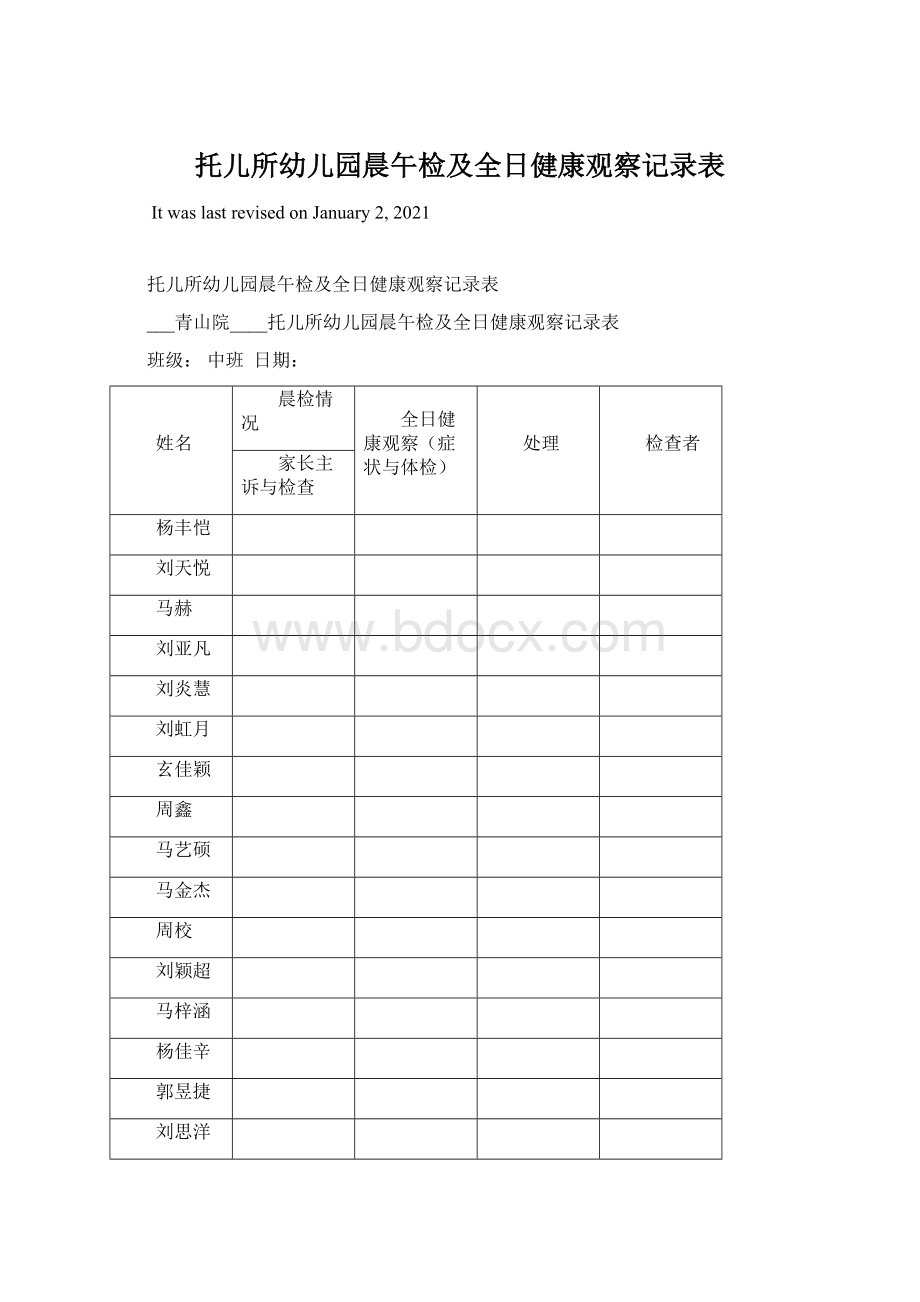 托儿所幼儿园晨午检及全日健康观察记录表Word文档格式.docx_第1页