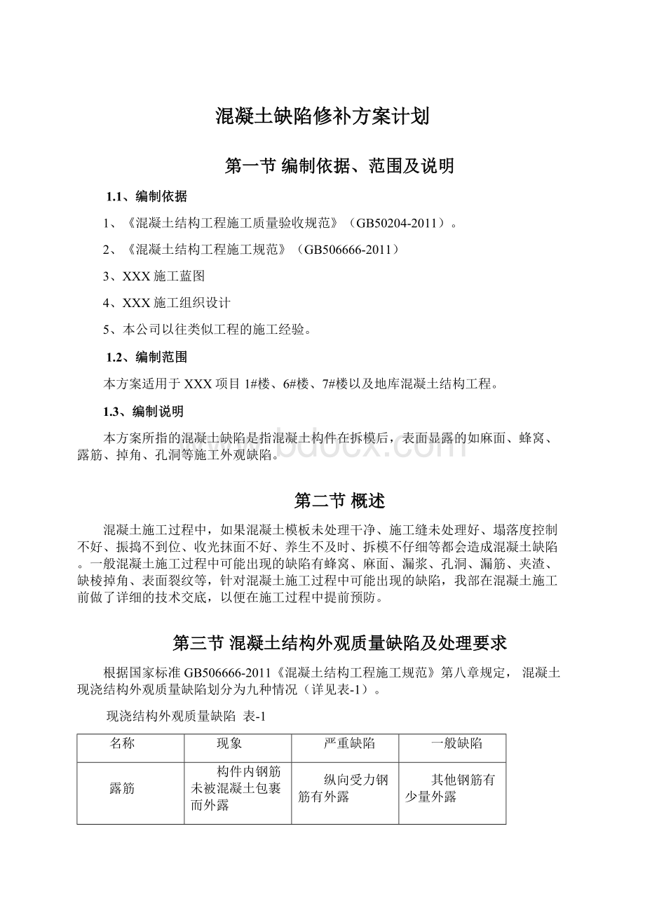 混凝土缺陷修补方案计划Word下载.docx