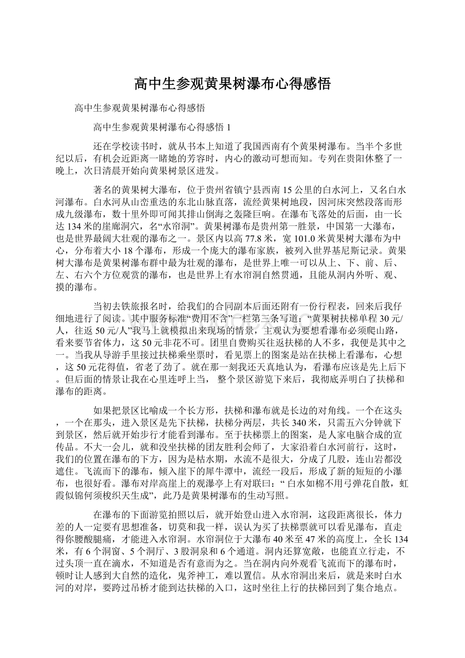 高中生参观黄果树瀑布心得感悟.docx