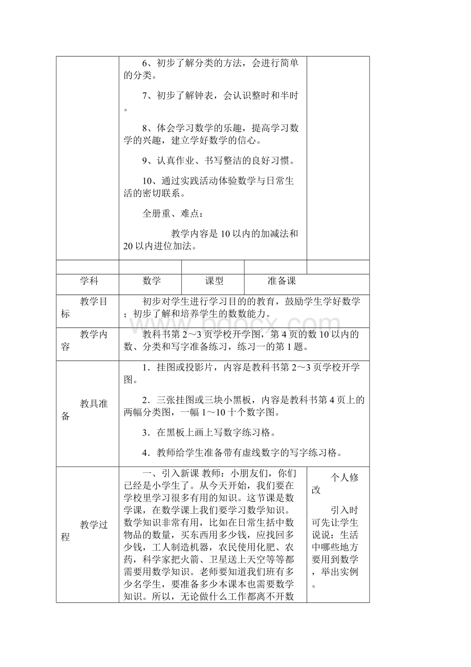 人教版小学一年级上册数学全册教案表格式Word格式文档下载.docx_第3页