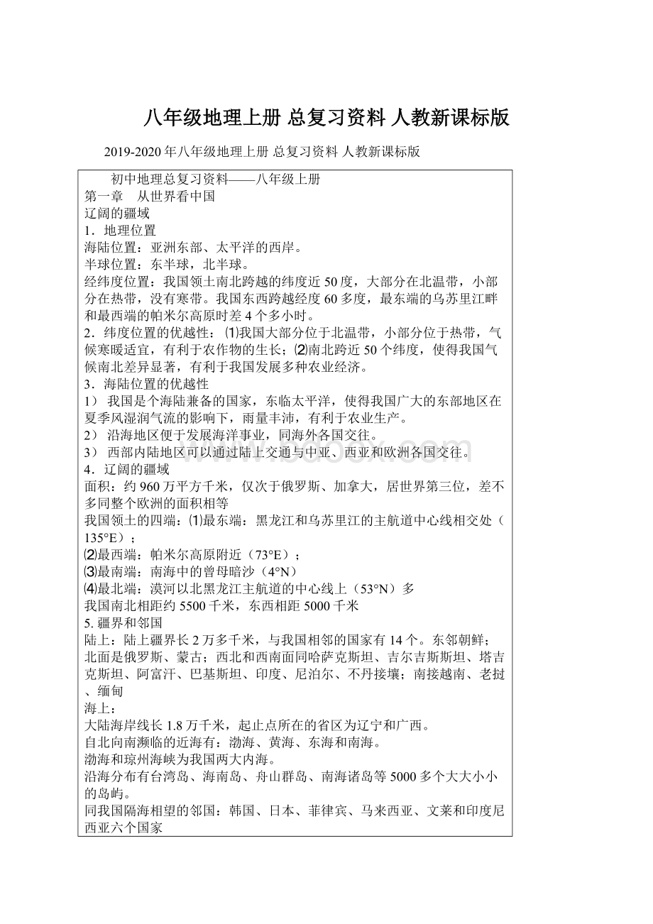 八年级地理上册 总复习资料 人教新课标版.docx