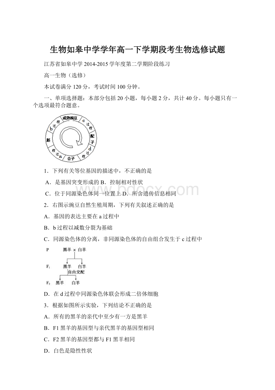 生物如皋中学学年高一下学期段考生物选修试题Word文档下载推荐.docx_第1页