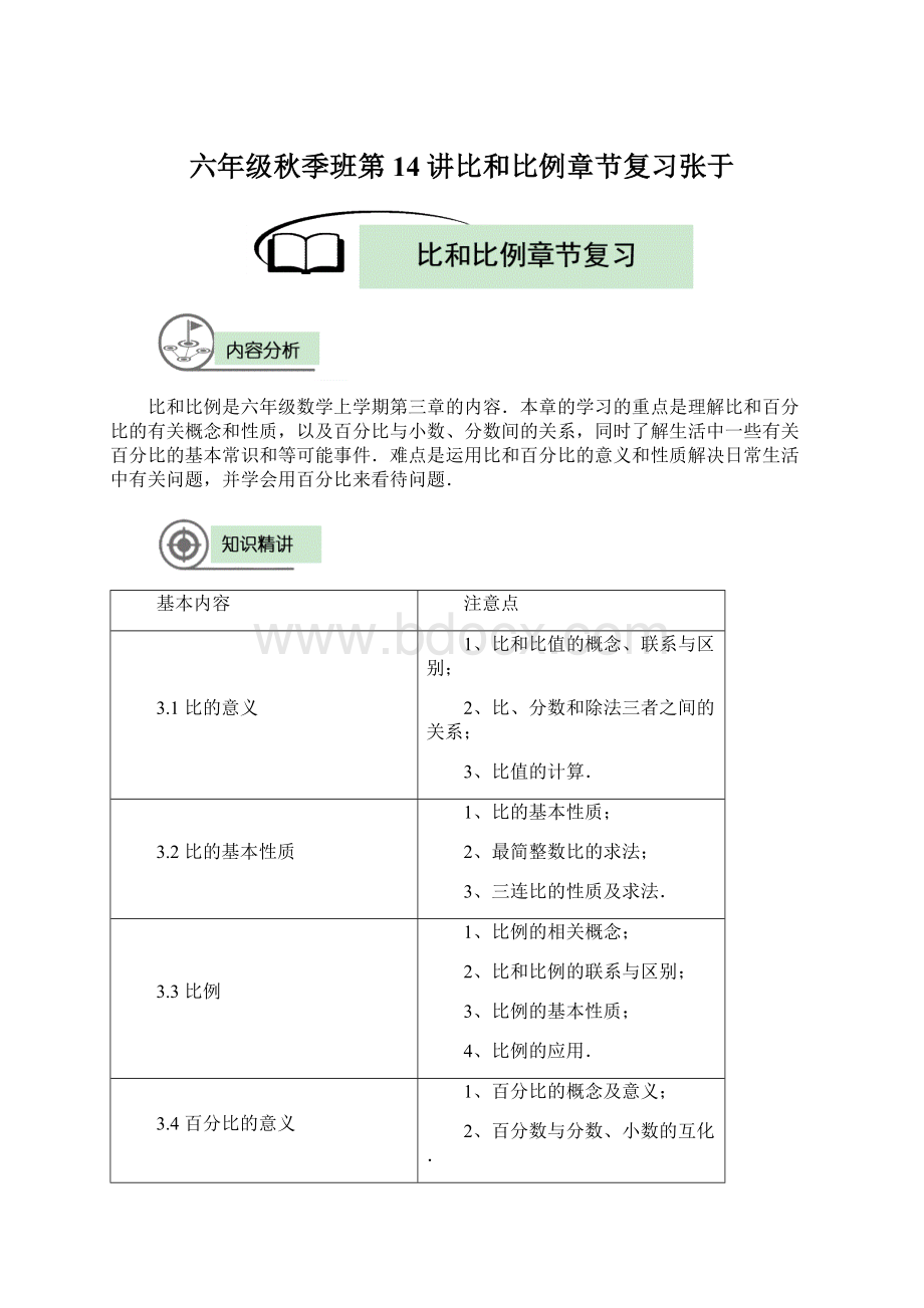 六年级秋季班第14讲比和比例章节复习张于Word文件下载.docx