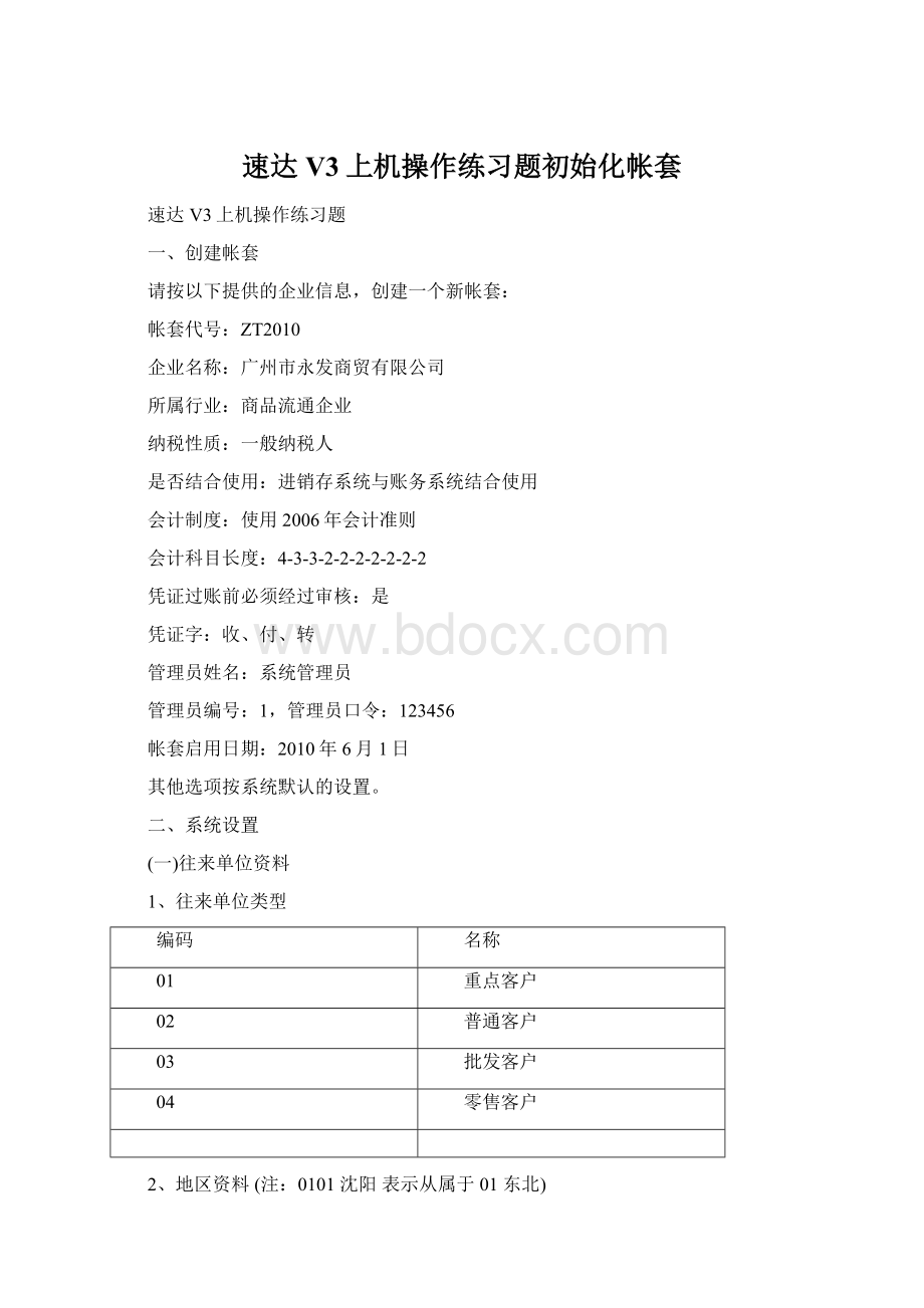 速达V3上机操作练习题初始化帐套Word文件下载.docx