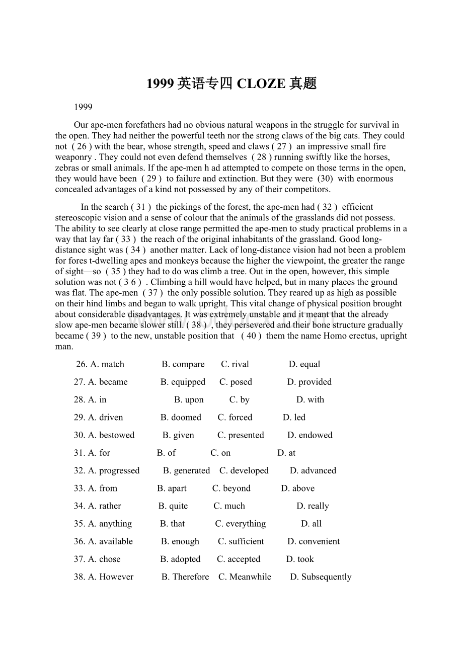 1999英语专四CLOZE真题Word文档下载推荐.docx