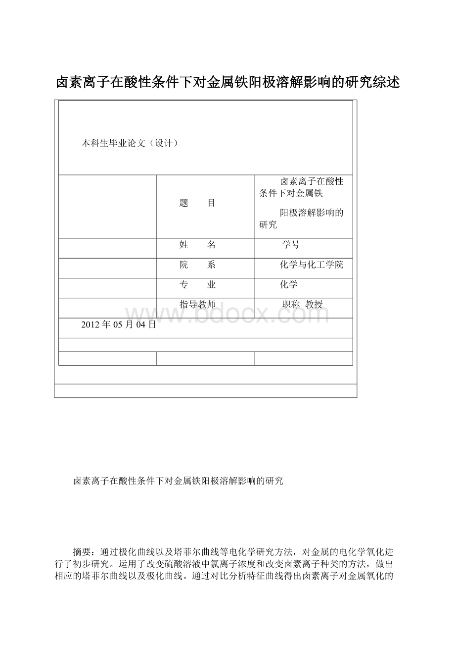 卤素离子在酸性条件下对金属铁阳极溶解影响的研究综述文档格式.docx