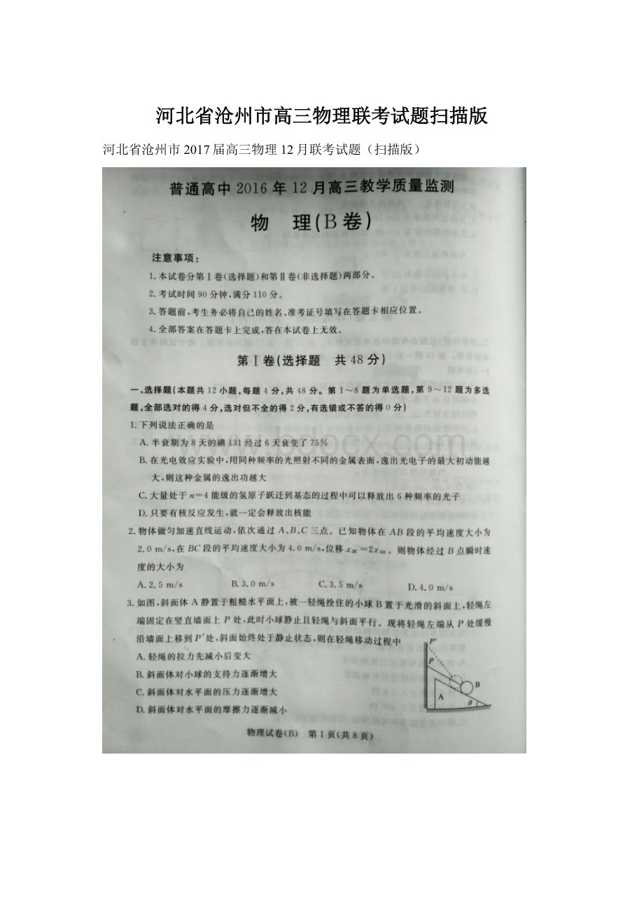 河北省沧州市高三物理联考试题扫描版Word文件下载.docx