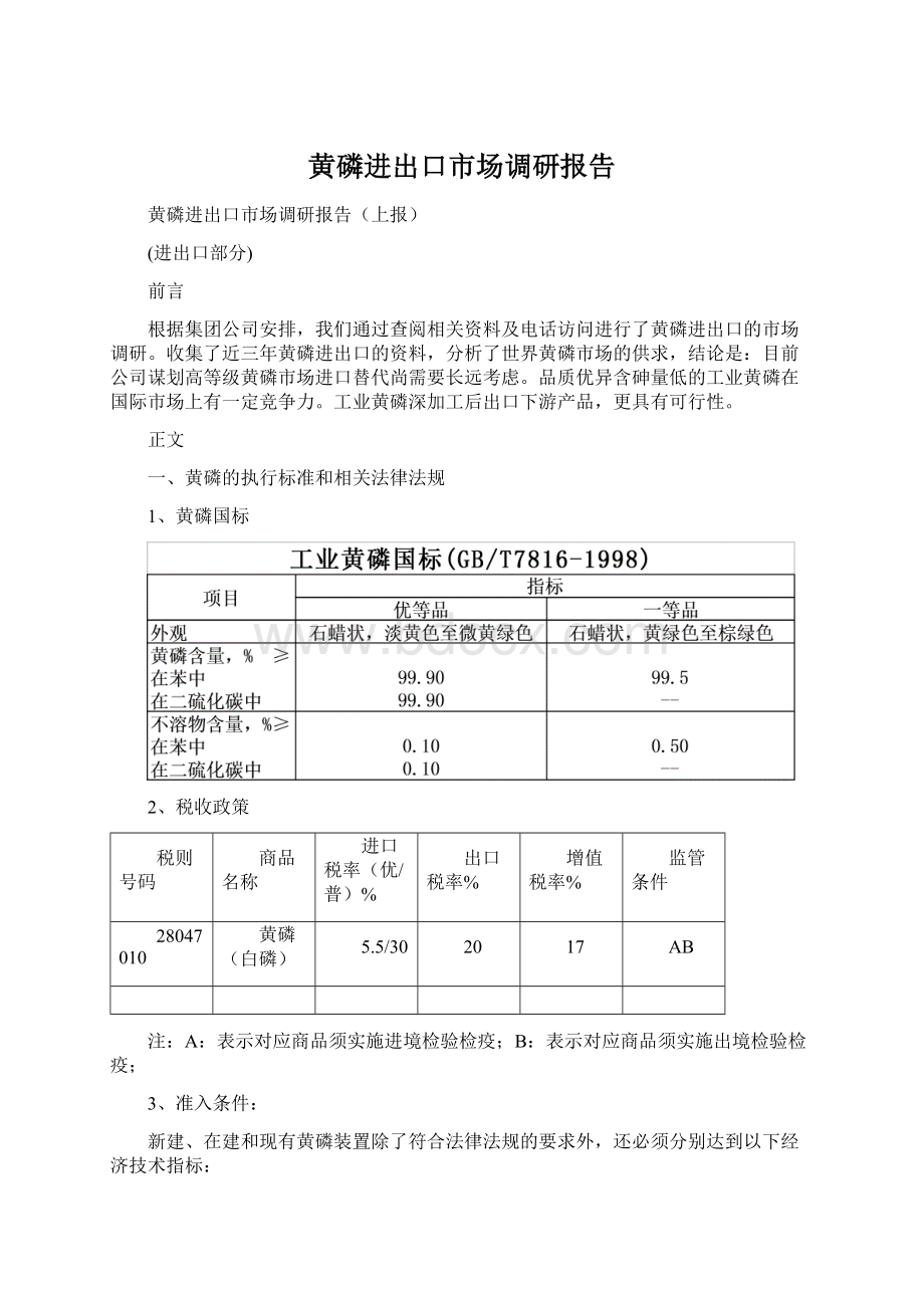 黄磷进出口市场调研报告文档格式.docx