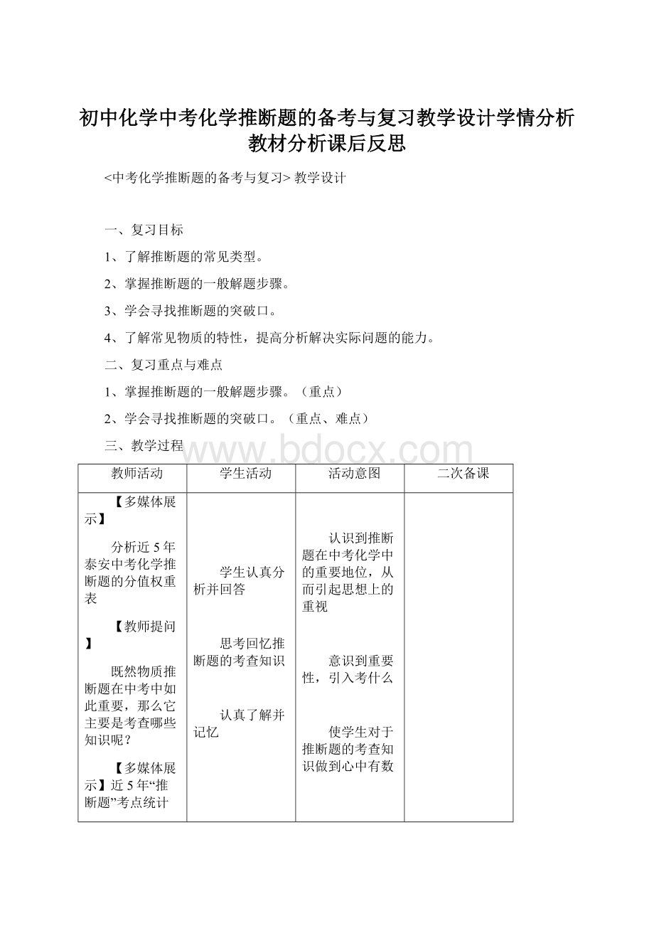 初中化学中考化学推断题的备考与复习教学设计学情分析教材分析课后反思.docx_第1页