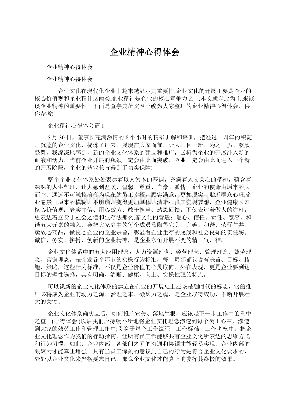 企业精神心得体会Word下载.docx