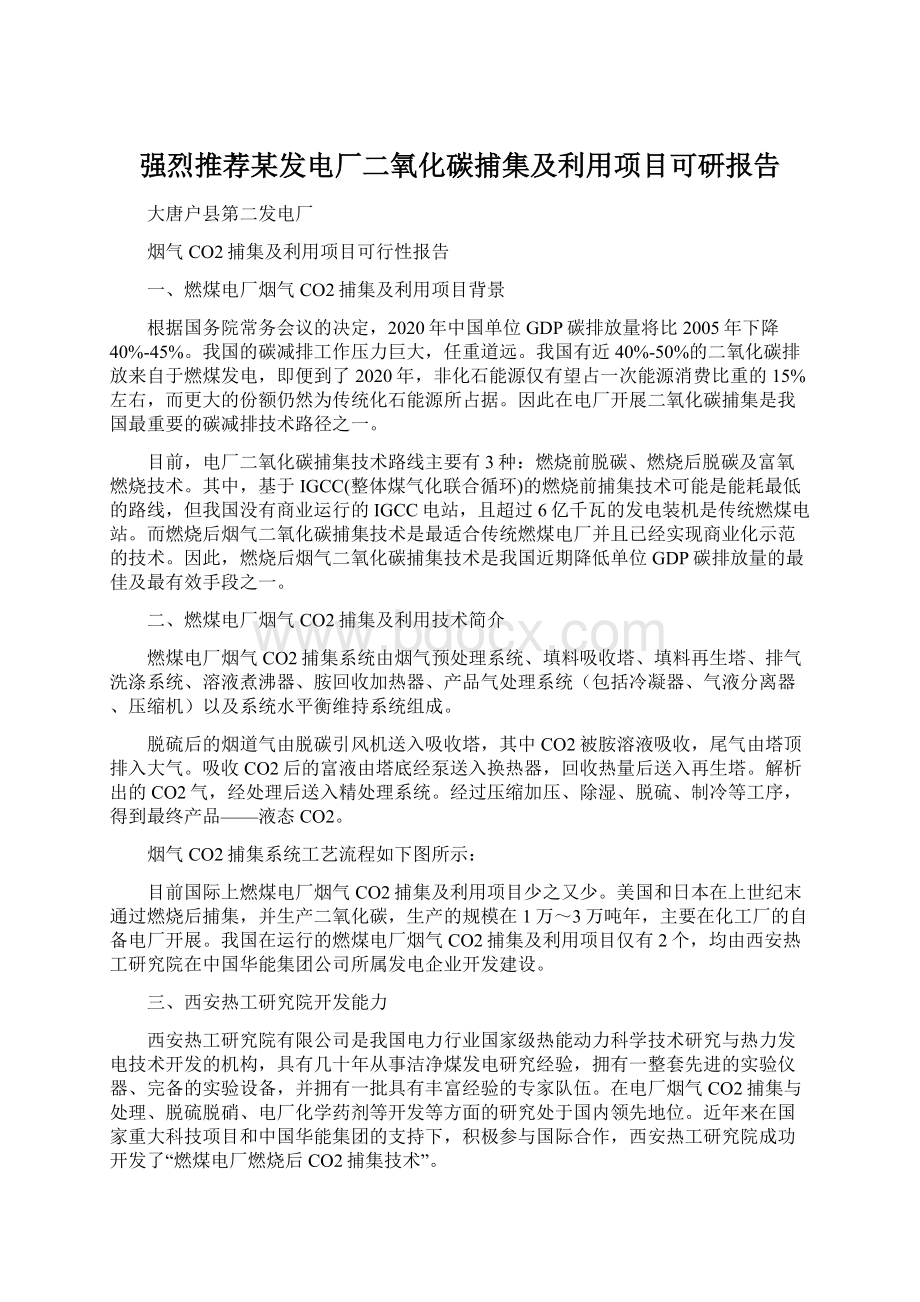 强烈推荐某发电厂二氧化碳捕集及利用项目可研报告Word格式.docx