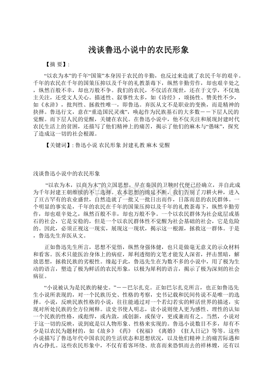 浅谈鲁迅小说中的农民形象Word文档格式.docx