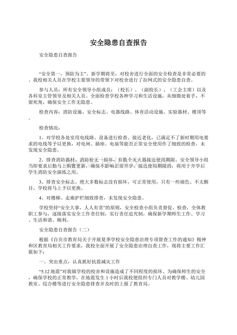 安全隐患自查报告文档格式.docx