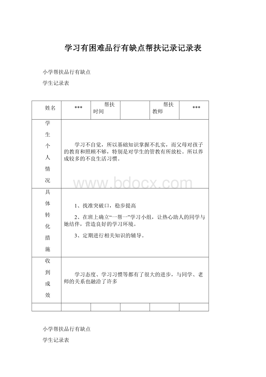 学习有困难品行有缺点帮扶记录记录表文档格式.docx