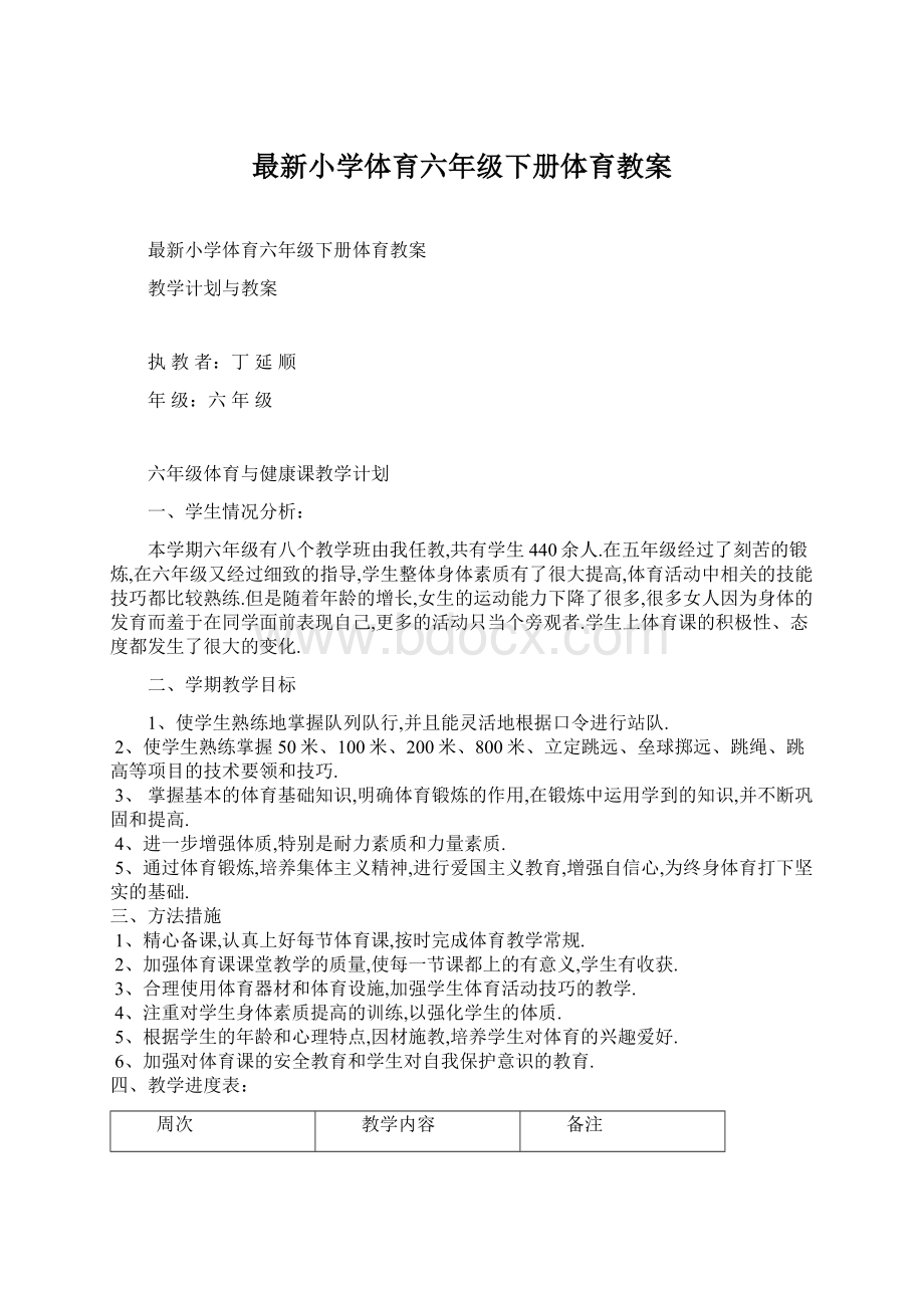 最新小学体育六年级下册体育教案Word文档格式.docx