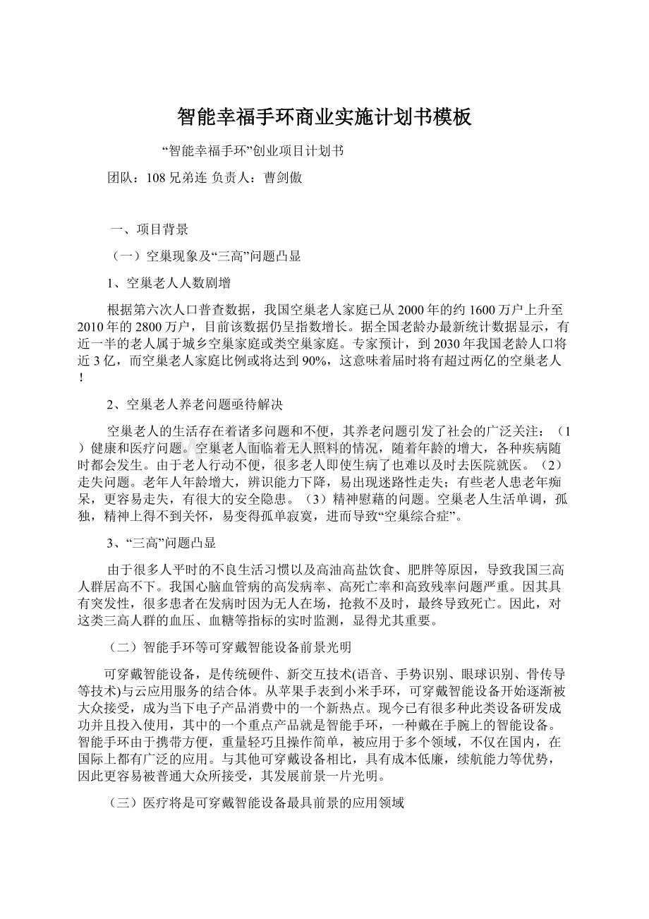 智能幸福手环商业实施计划书模板.docx