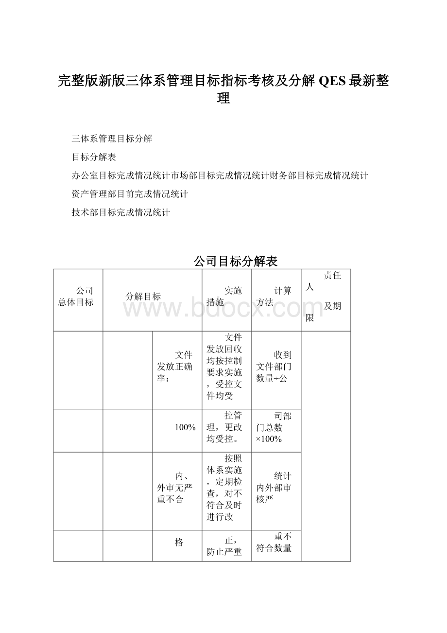 完整版新版三体系管理目标指标考核及分解QES最新整理Word格式文档下载.docx