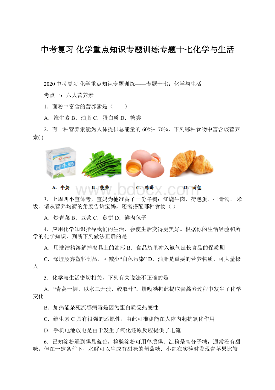 中考复习化学重点知识专题训练专题十七化学与生活Word下载.docx