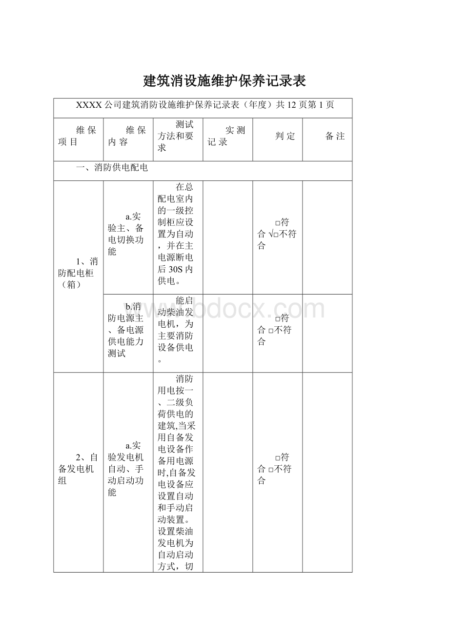 建筑消设施维护保养记录表Word文档格式.docx