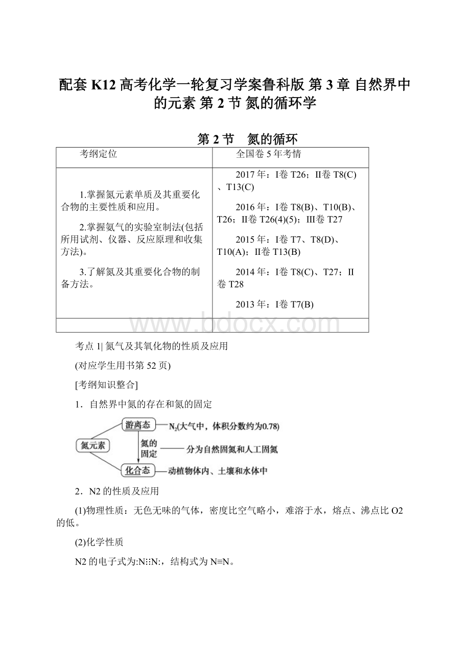 配套K12高考化学一轮复习学案鲁科版 第3章 自然界中的元素 第2节 氮的循环学.docx