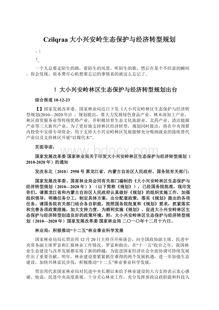 Czilqraa大小兴安岭生态保护与经济转型规划.docx