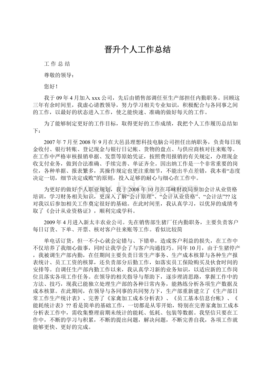 晋升个人工作总结Word文档格式.docx