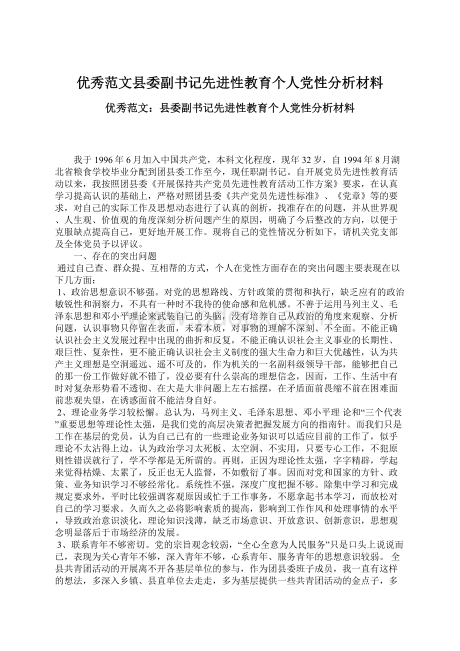 优秀范文县委副书记先进性教育个人党性分析材料.docx