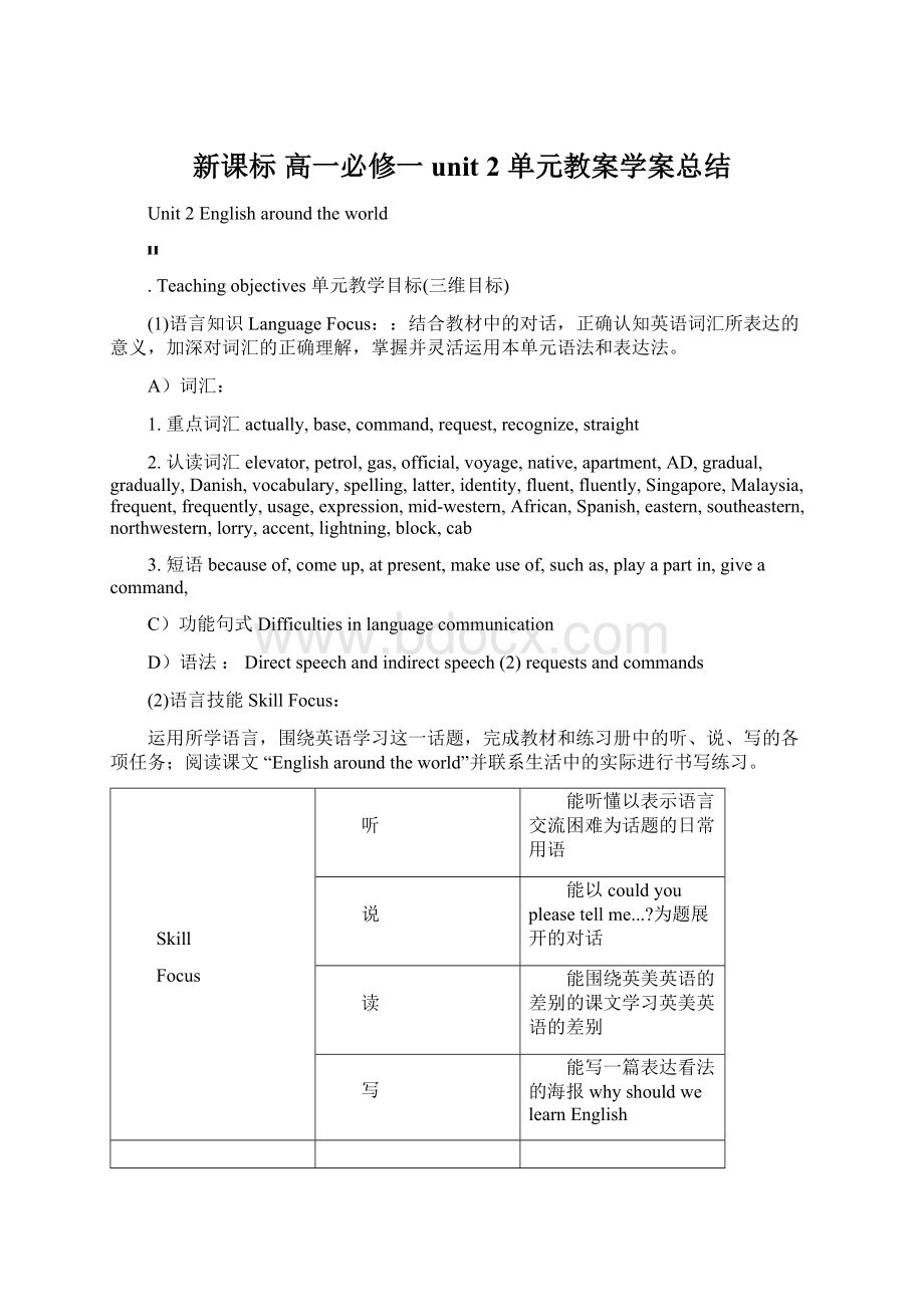 新课标 高一必修一 unit 2 单元教案学案总结Word格式.docx_第1页