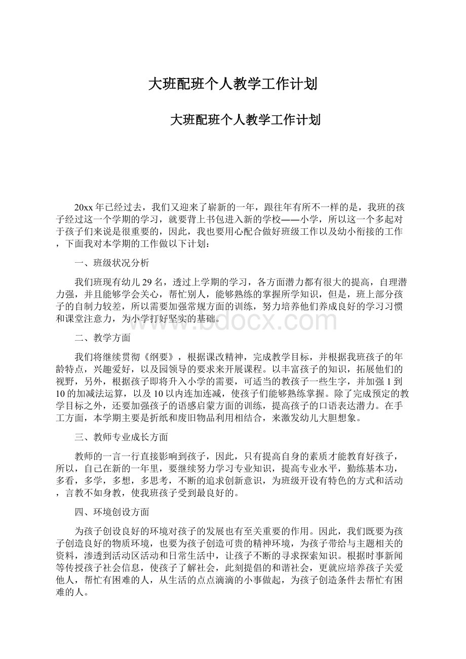 大班配班个人教学工作计划Word格式.docx