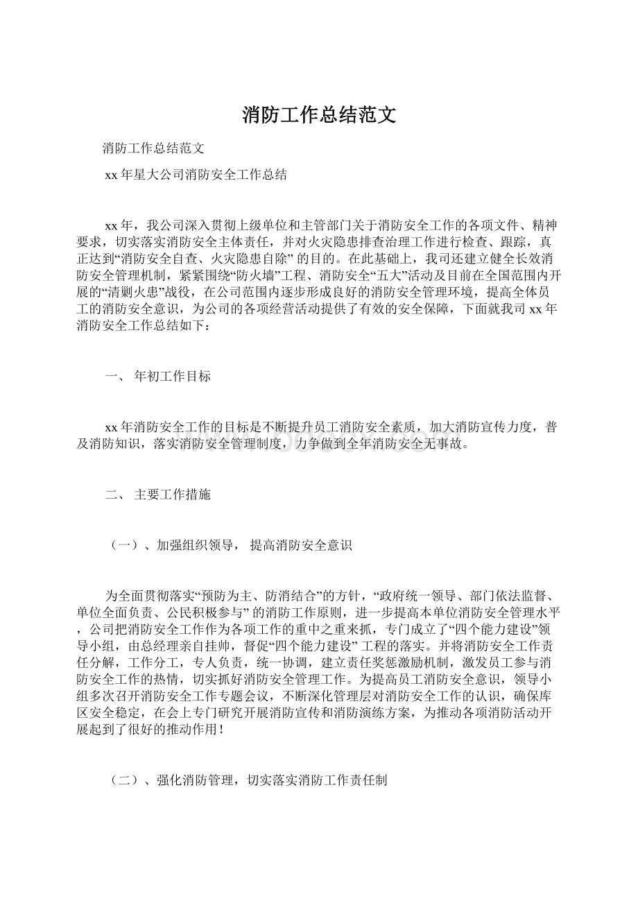 消防工作总结范文Word格式.docx