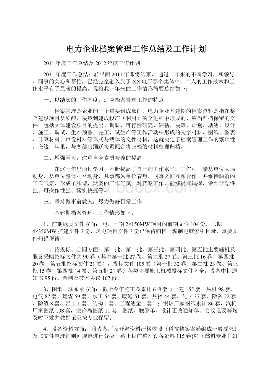 电力企业档案管理工作总结及工作计划.docx