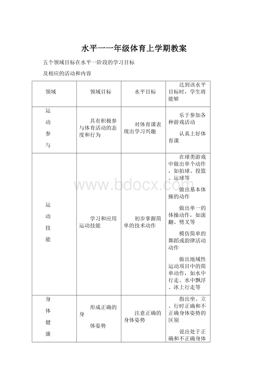 水平一一年级体育上学期教案.docx_第1页